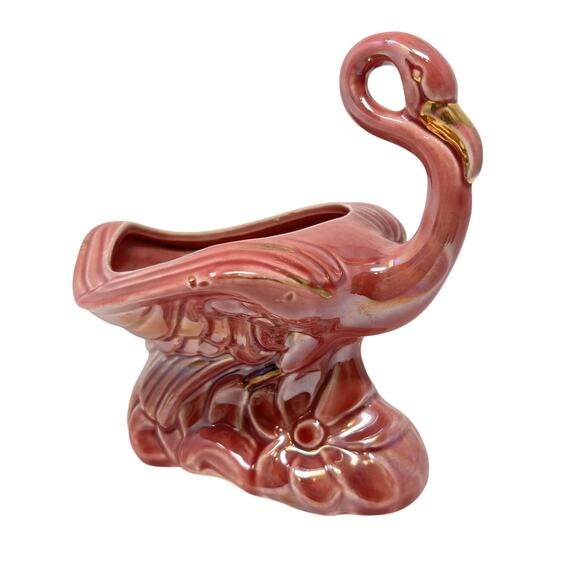 Vintage Mid Century Pink Luster Ceramic Flamingo Planter Pot Jardeniere McCoy ? - Picture 2 of 11